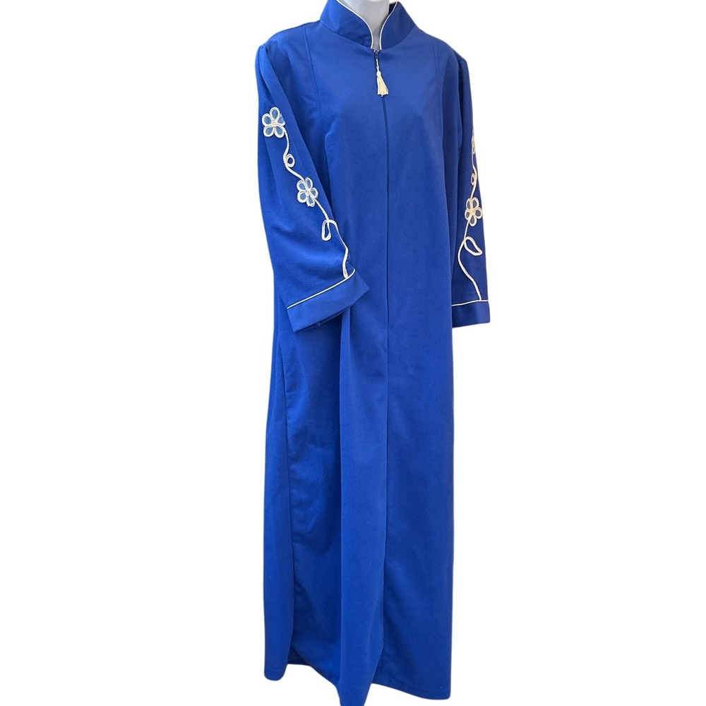 Vintage Anne Leslie Velour Robe Royal Blue Floral Embroidered Glamour Regency